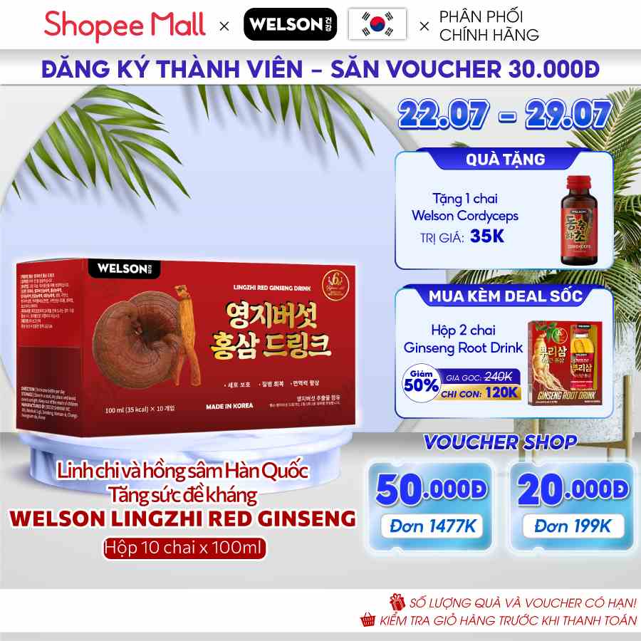 Nước uống Hồng Sâm và Linh Chi Hàn Quốc Tăng Sức Đề Kháng Welson Lingzhi Red Ginseng 10 chai x 100ml