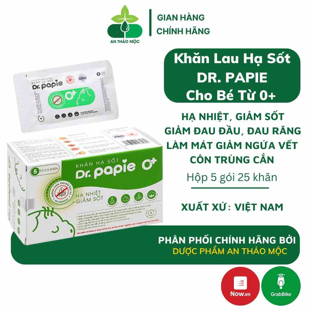 Khăn lau hạ sốt Dr Papie cho bé từ sơ sinh hạ nhiệt giảm sốt đau đầu đau răng tạo cảm giác thoải mái sảng khoái