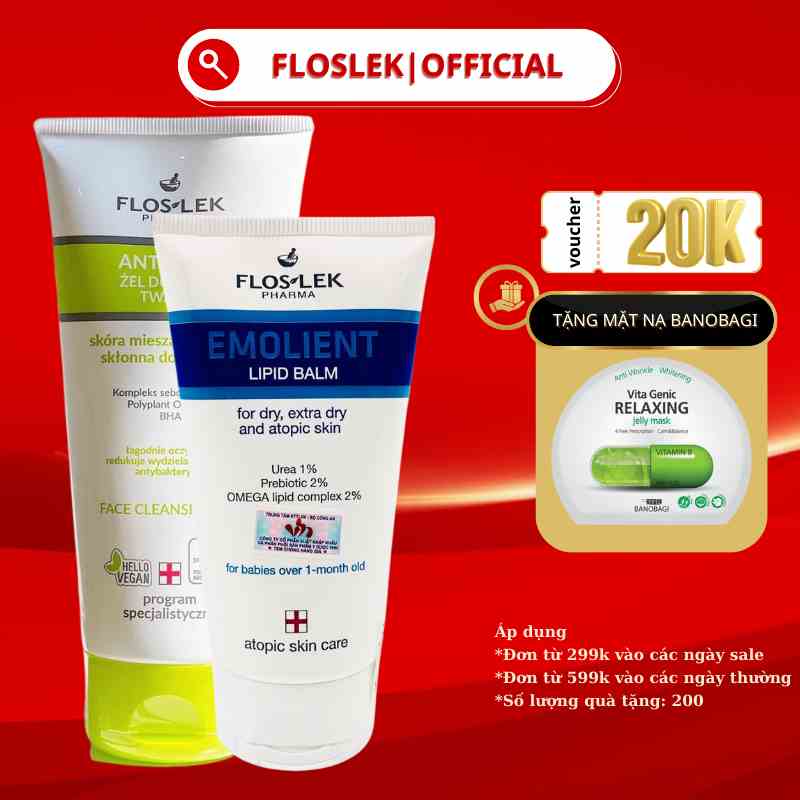 Combo sữa rửa mặt 200ml Floslek và kem dưỡng ẩm 50ml Lipd Balm làm sạch - cấp ẩm làm mềm mịn - tốt cho da mụn Chính hãng