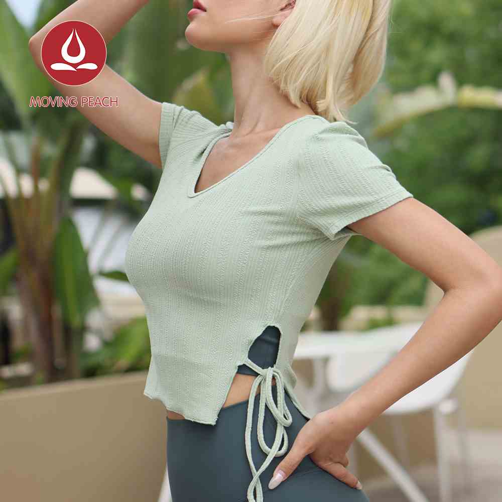 MOVING PEACH ATK Áo Thun Crop Top Mềm Mại Tay Ngắn Cổ Chữ V Thoáng Khí Kèm Dây Buộc Dành Cho Nữ Tập Yoga