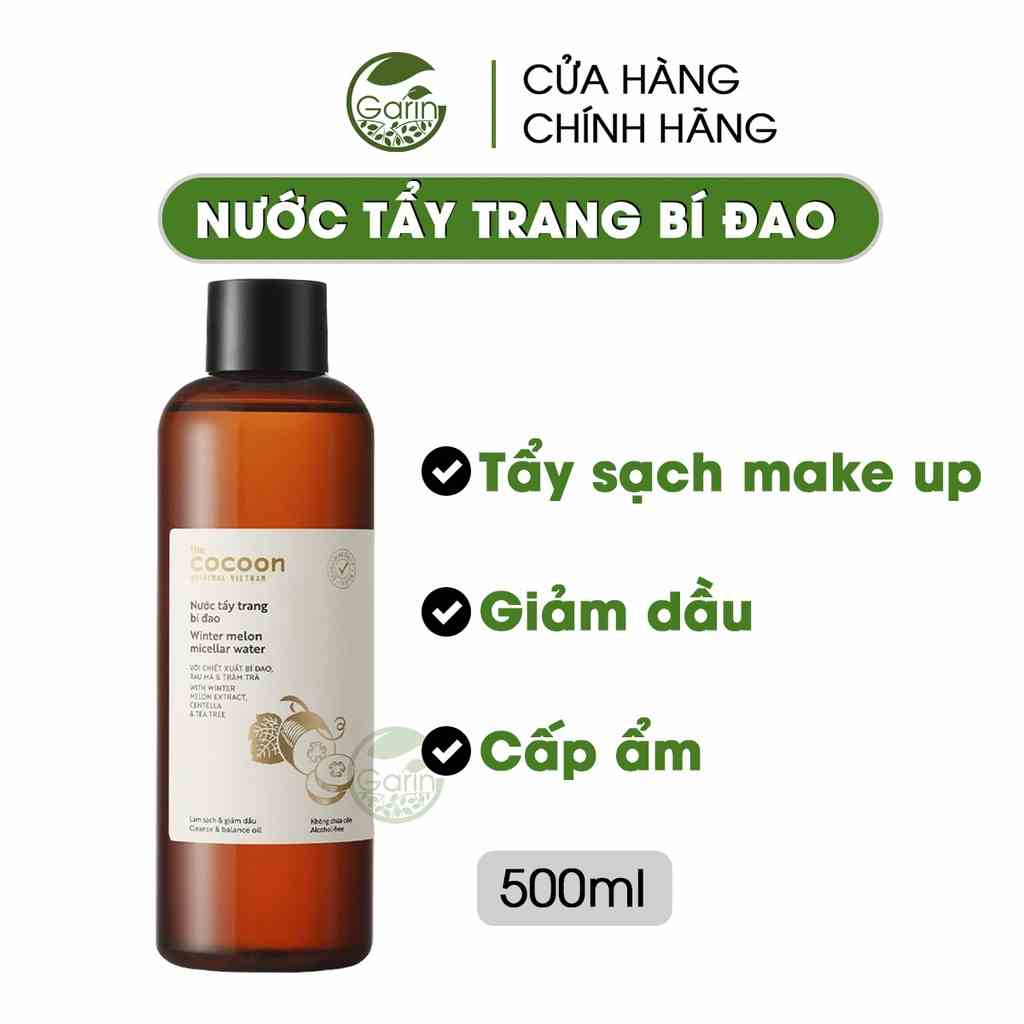 Nước tẩy trang bí đao cho da dầu mụn Cocoon Garin 500ml làm sạch lớp trang điểm bụi bẩn bả nhờn mang lại làn da sạch