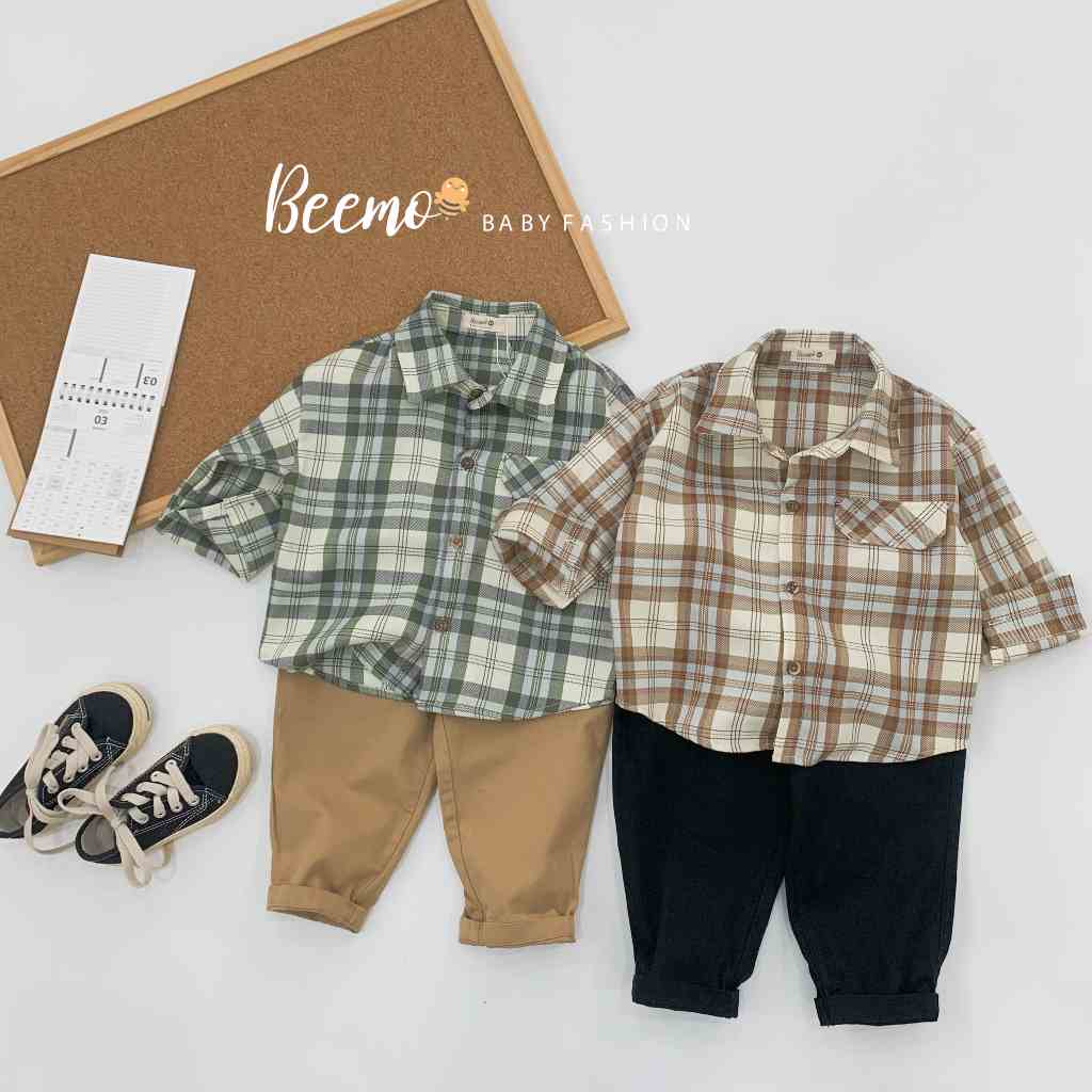 Set sơ mi cho bé trai Beemo, Chất liệu cotton mềm mịn, họa tiết kẻ sọc caro cá tính, hàng xuất Âu Mỹ cực đẹp B100