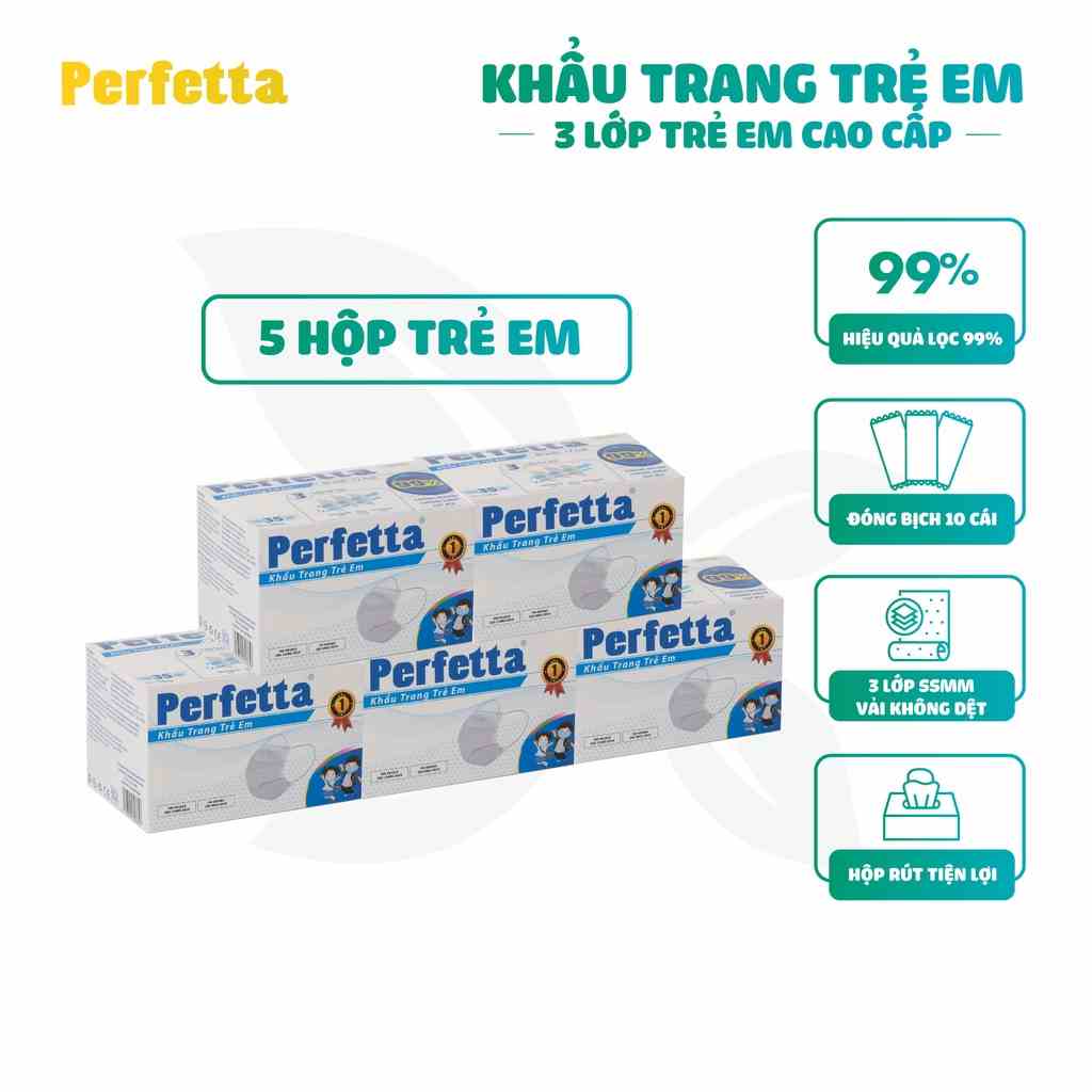 [Mã BMLTB35 giảm đến 35K đơn 99K] Combo 5 hộp khẩu trang 3 lớp Perfetta Trẻ Em Trắng/Xanh (35 Cái/Hộp)