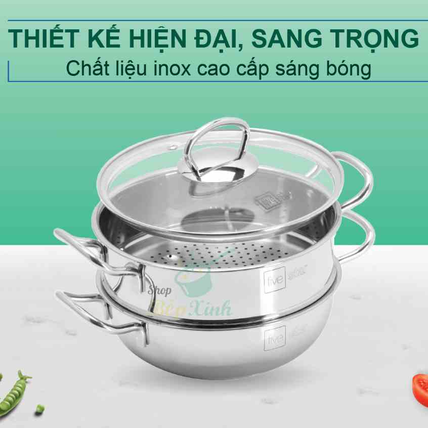 Bộ 2 Nồi lẩu xửng hấp cao cấp FIVESTAR 3 đáy từ nắp kính 24cm / 26cm / 28cm , tặng 1 vá canh