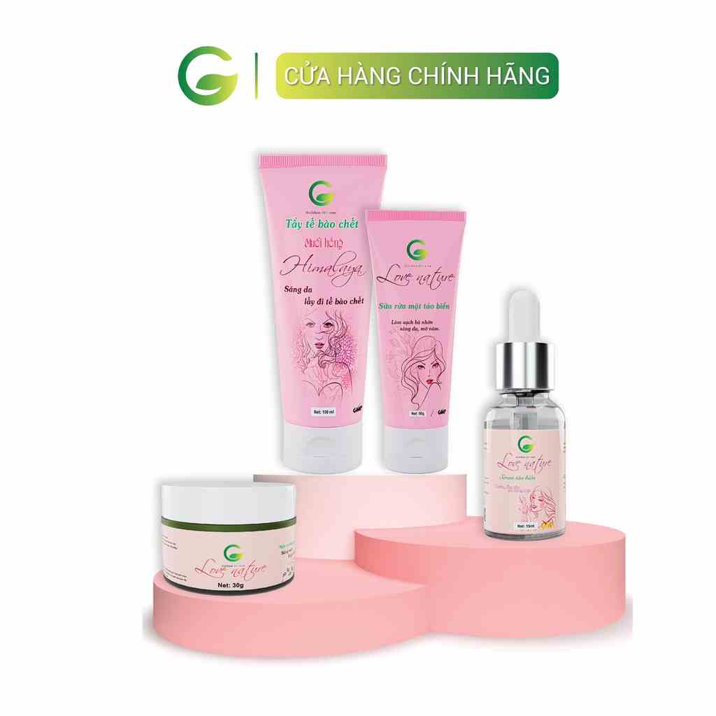 Combo làm mờ nám tàn nhang Love Nature gồm Tẩy tế bào chết, Sữa rửa mặt, Serum tảo biển, Mặt nạ tảo biển