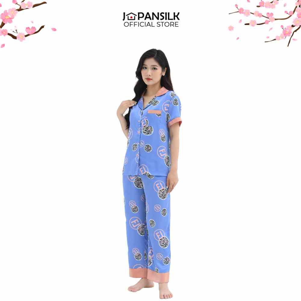 Bộ Đồ Ngủ Pijama Lụa Nhật Cao Cấp JAPAN SILK, tay ngắn quần dài họa tiết trẻ trung, độc đáo CD072