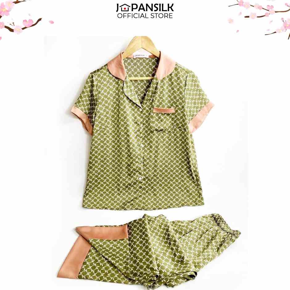 Bộ Đồ Ngủ Bigsize Pijama Lụa Nhật Cao Cấp JAPAN SILK, ngắn tay quần dài màu xanh lá cây CD078