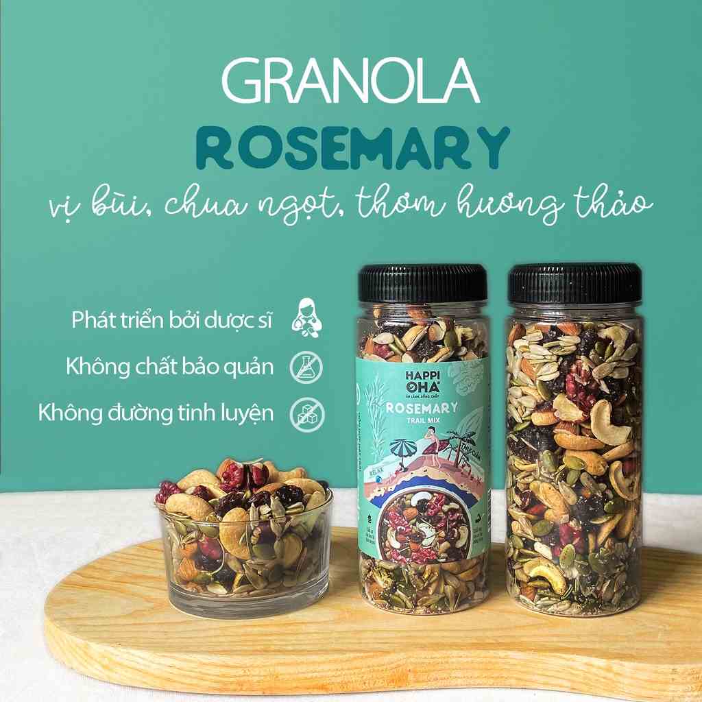 Trailmix Rosemary HAPPI OHA - Ngũ Cốc Ăn Kiêng Không Đường Tinh Luyện Hỗn Hợp Hạt Trái Lá Hương Thảo