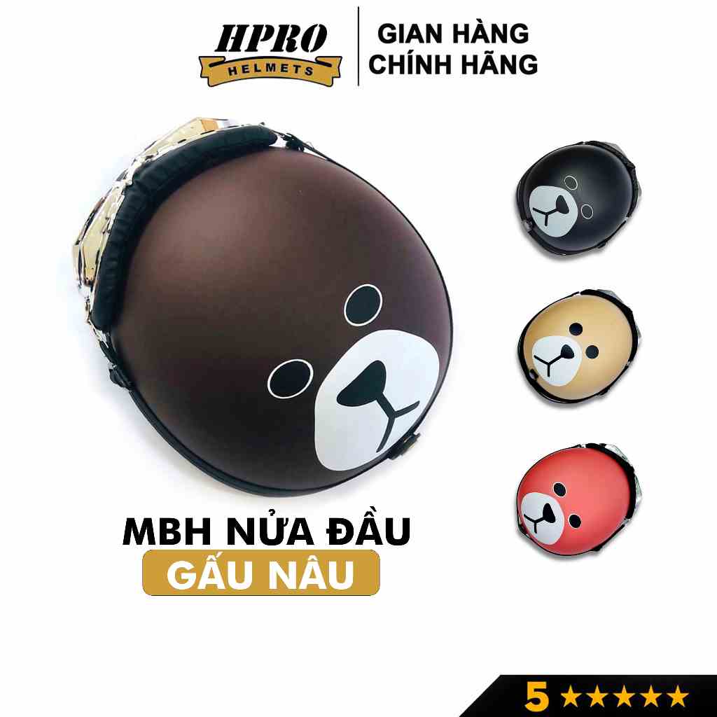 Nón bảo hiểm nửa đầu Hpro helmet tem Gấu Nâu, mũ 1/2 freesize (55-59cm) nam nữ, kèm kính UV, kính phi công