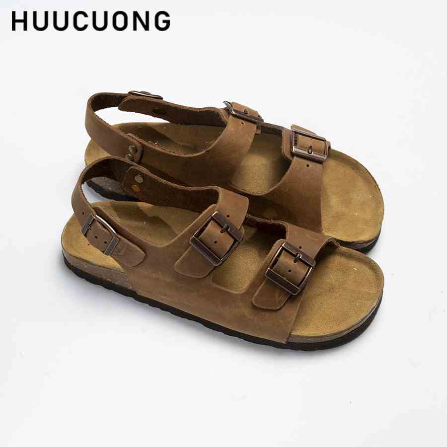 Giày Sandal Unisex HuuCuong -2 khóa Da Bò nâu đế trấu