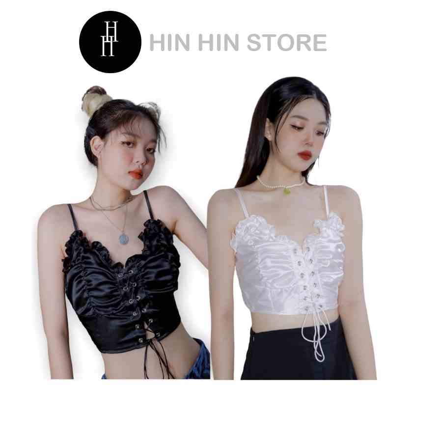 [Mã BMLTB35 giảm đến 35K đơn 99K] Áo croptop ngắn đan dây viền bèo màu đen & trắng HAC141 Hỉn Hỉn Store