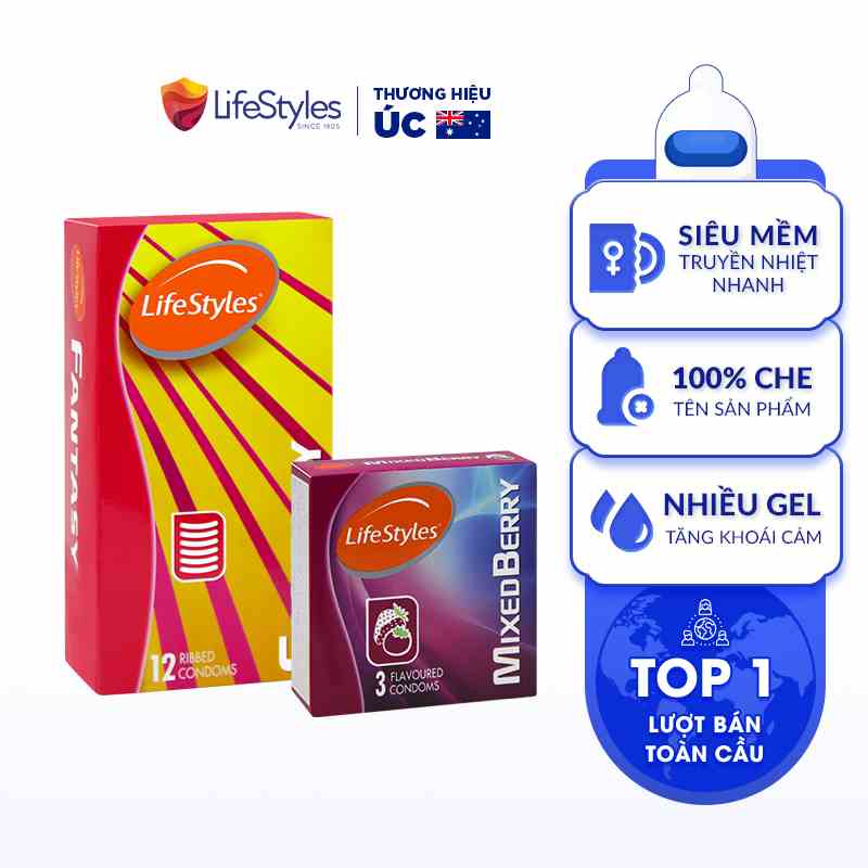 Combo 1 Hộp Bao Cao Su LifeStyles Fantasy 12 bao có gân ngang + 1 Hộp Bao Cao Su LifeStyles Mixed Berry 3 bao hương dâu