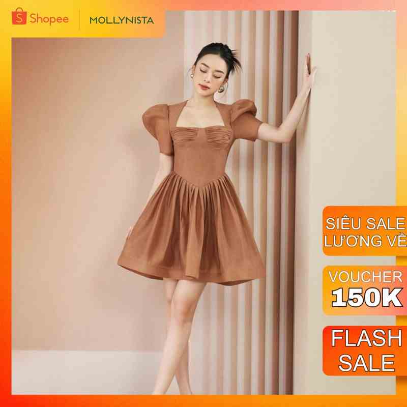 MOLLYNISTA - Đầm Choco organza cúp nhúm tay phồng tiểu thư quyến rũ nữ tính thiết kế cao cấp đi chơi đi tiệc