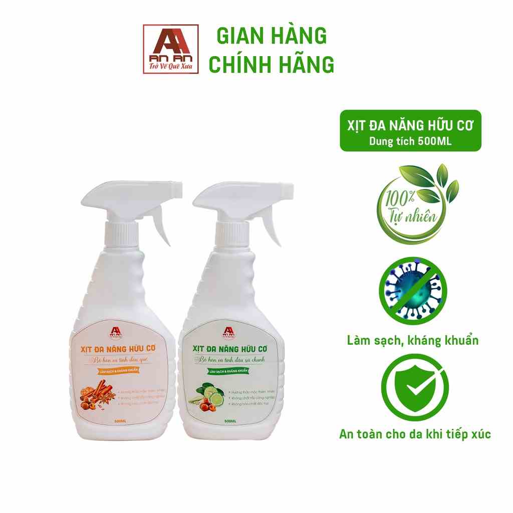 Xịt Đa Năng Hữu Cơ An An 500ml, Tinh dầu quế, sả chanh, bồ hòn tẩy rửa, khử mùi bề mặt bếp, bàn ghế, tủ kệ kính.