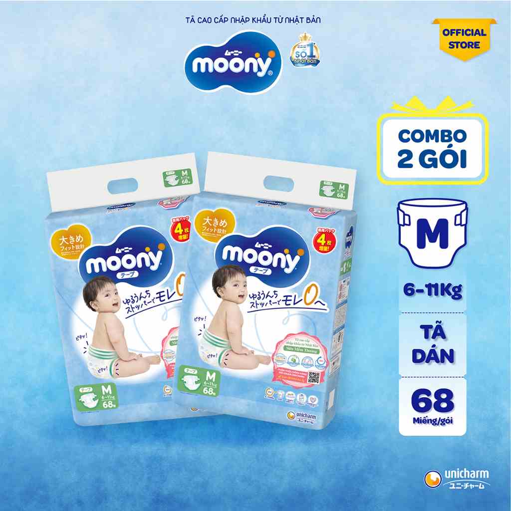 [CỘNG 4 MIẾNG] Combo 2 Tã dán Moony cao cấp M68/L58 - Nhập khẩu từ Nhật Bản