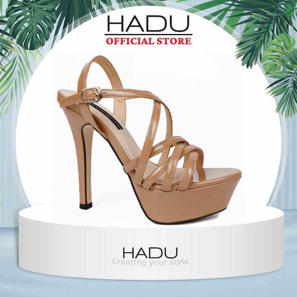 Giày Sandal cao gót hoa hậu da bóng HADU G141 gót nhọn 14cm quai chéo đế đúp