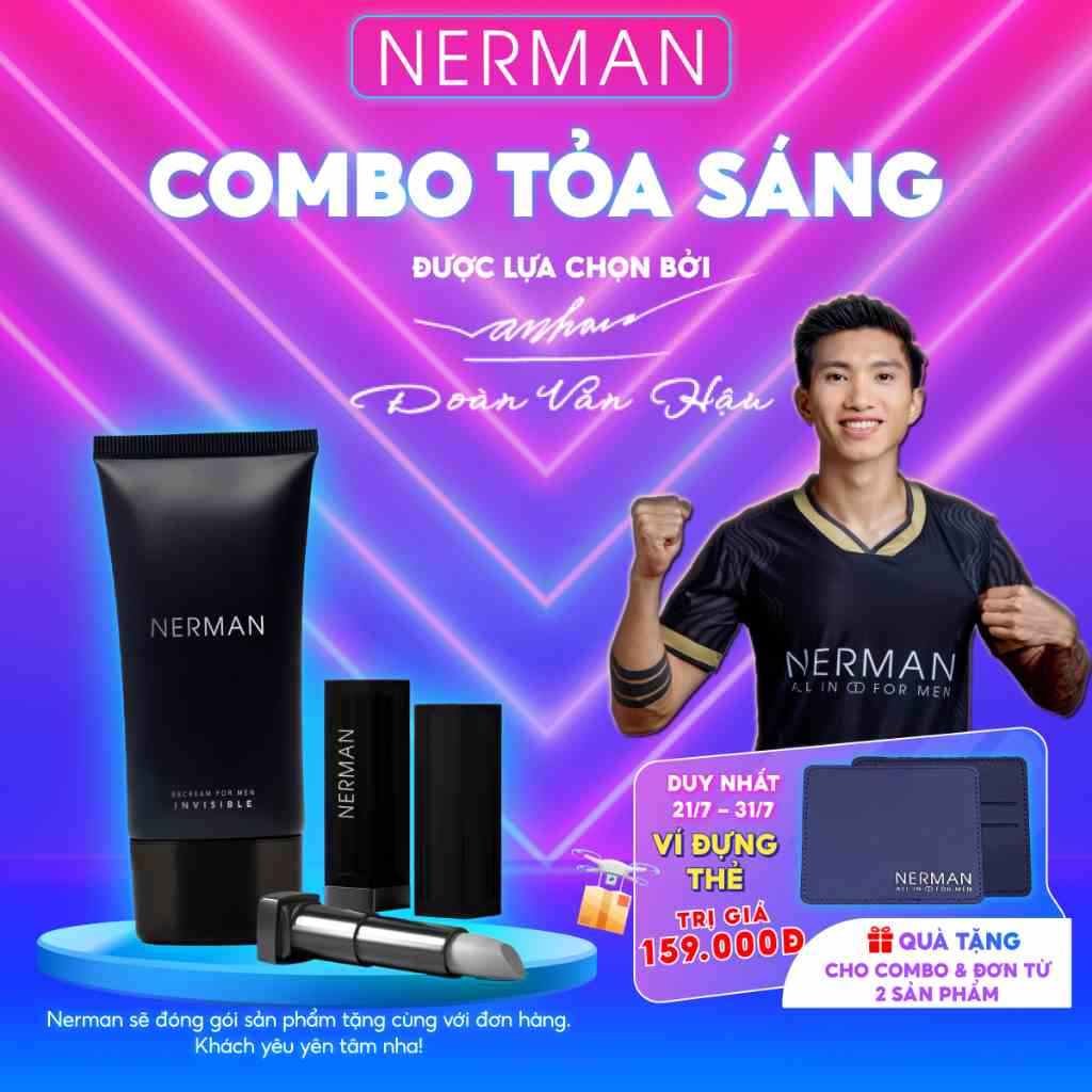 Combo tỏa sáng Nerman - Kem che khuyết điểm, chống nắng Invisible 50g & Son dưỡng ẩm, ngừa thâm Men in Black cho nam 4g