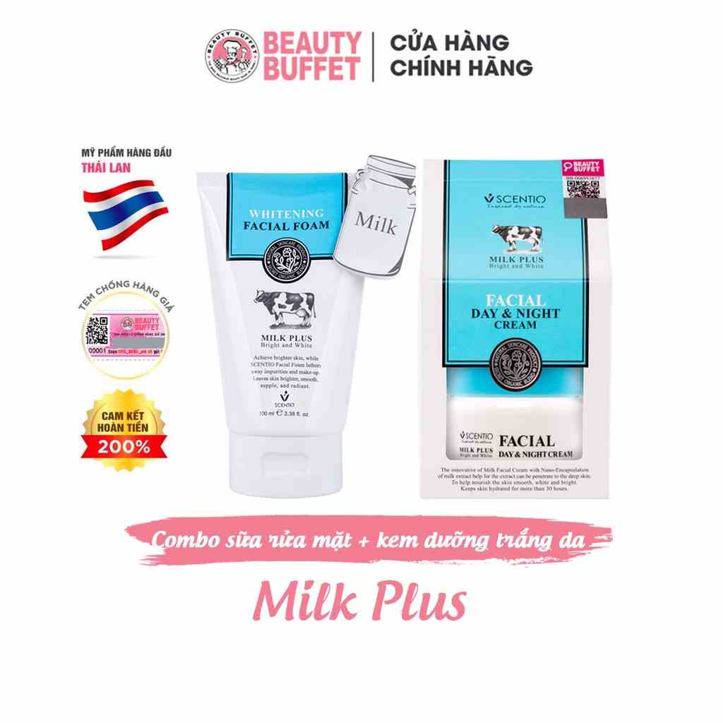 Combo Sữa rửa mặt 100ml + Kem dưỡng trắng và trẻ hóa da ngày và đêm Scentio Milk Plus Beauty Buffet 50ml