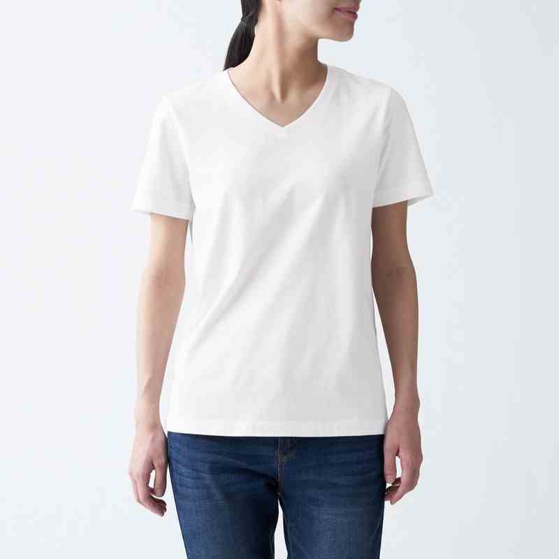 Muji Áo Thun Vải Jersey Cotton Ấn Độ Cổ V