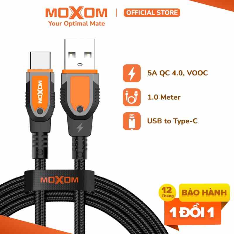 Dây sạc Type-C chính hãng MOXOM CB88 5A 66W, hỗ trợ sạc QC 4.0, VOOC, QC 3.0 dùng cho Samsung Oppo Xiaomi Redmi , dài 1m