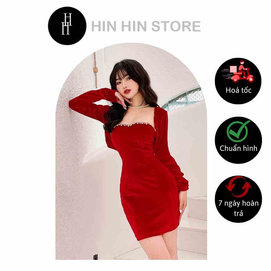 [Mã BMLTB35 giảm đến 35K đơn 99K] Set đầm nhung ôm body đính đá và áo khoác ngắn màu đỏ HDT263 Hỉn Hỉn Store