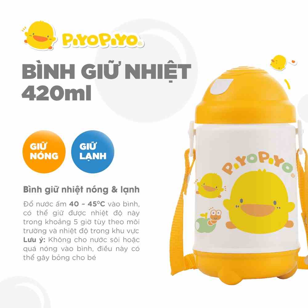 Bình giữ nhiệt cho bé đi học có dây đeo Piyo Piyo 420ml, bấm nút mở dễ, ống hút ngăn tràn