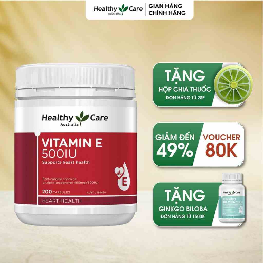 Vitamin E đỏ Healthy Care 500IU Úc chính hãng dưỡng ẩm chăm sóc da dưỡng trắng và mờ thâm sẹo 200 viên