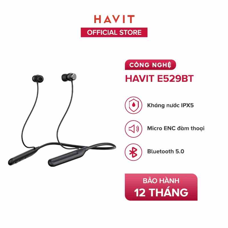 Tai Nghe Nhét Tai Bluetooth HAVIT E529BT, BT 5.0, Mic ENC Đàm Thoại, Kháng IPX5, Nghe Đến 14h - Chính Hãng BH 12 Tháng