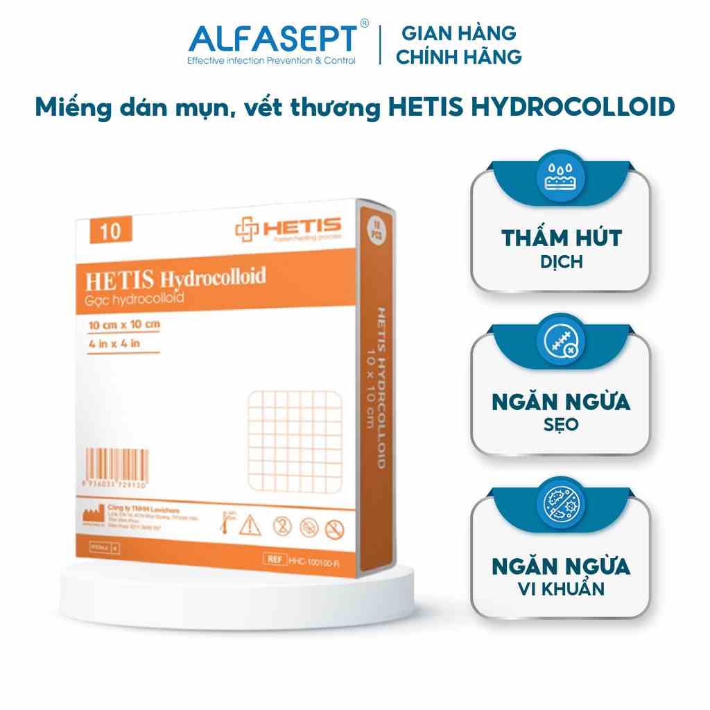 Miếng Dán Mụn Làm Mờ Sẹo HETIS HYDROCOLLOID Giúp Thấm Hút Dịch Mụn, Tái Tạo Da, Kích Thước 100x100mm