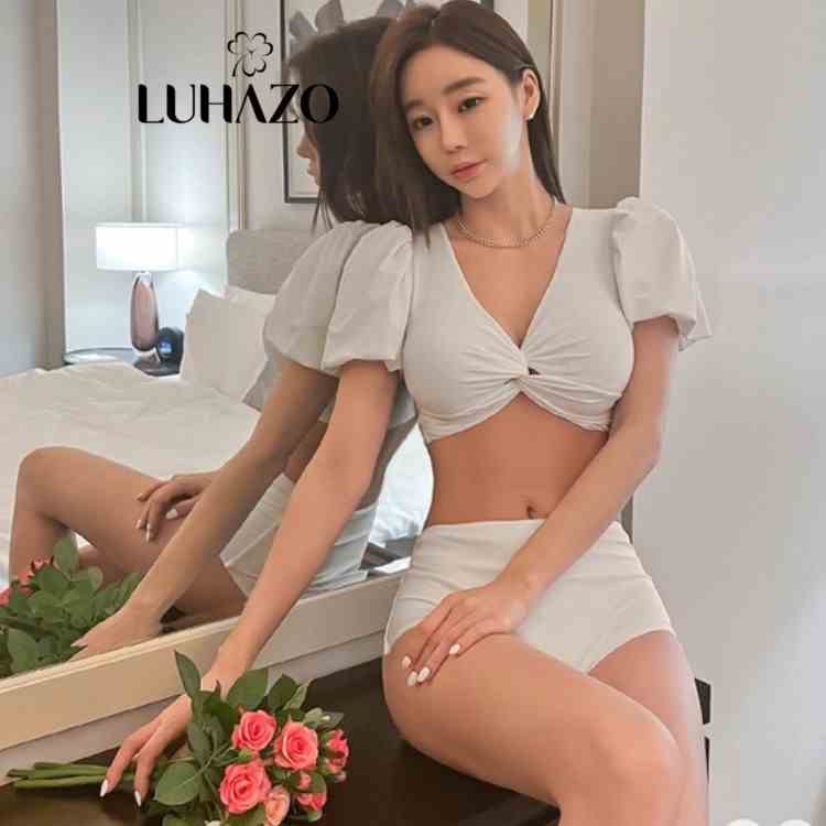 Bikini 2 mảnh LUHAZO có tay đồ bơi đi biển bigsize kín đáo sexy Hàn Quốc cạp cao nâng ngực váy hở lưng 2632 d6t3