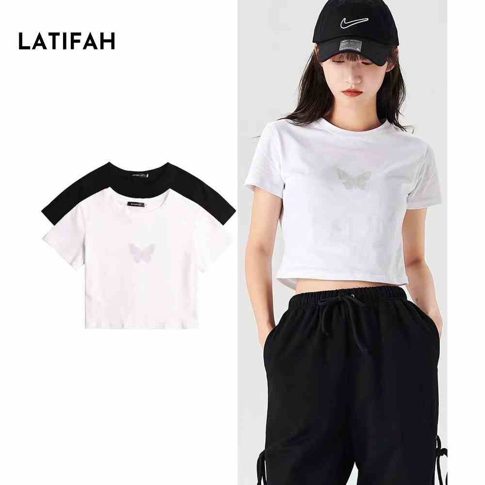 Áo thun croptop tay lỡ Latifah in hình con Bướm AT011 thun co giãn 4 chiều