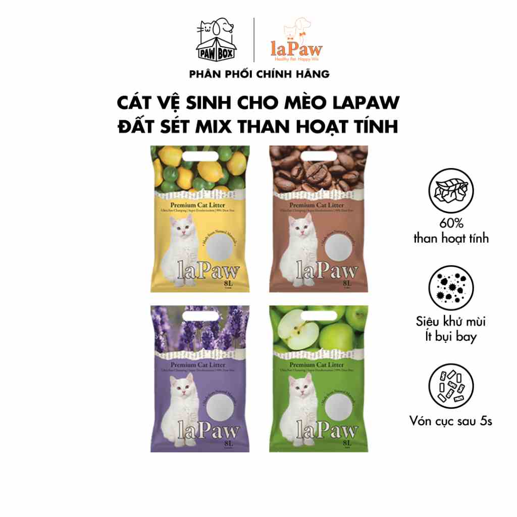 [FREESHIP] Cát vệ sinh cho mèo laPaw đất sét mix than hoạt tính siêu vón cục, siêu khử mùi, thơm lâu, ít bụi 8L