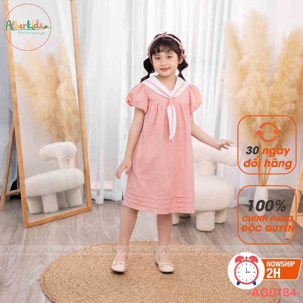 Váy bé gái ALBERKIDS hồng cổ trắng phối nơ công chúa xinh đẹp cho trẻ em 2,3,4,5,6,7,8,9,10,11,12 tuôi [AG0184 ]