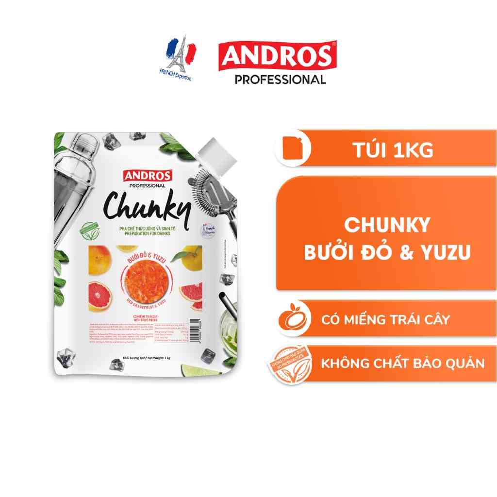 Mứt Trái Cây Pha Chế Bưởi đỏ & Yuzu - Có miếng trái cây thật - ANDROS CHUNKY - 1kg