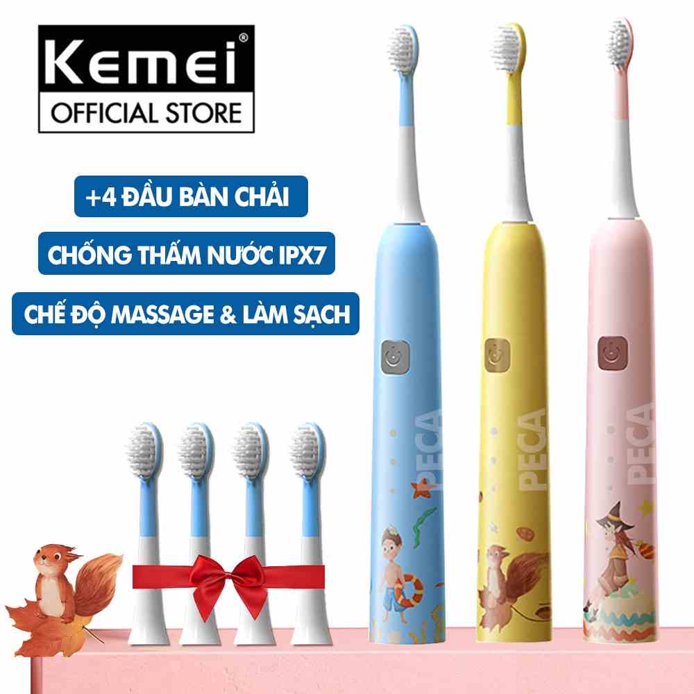 Bàn chải đánh răng điện trẻ em KEMEI KM-YS710 công nghệ rung siêu âm + Tặng 4 đầu bàn chải thay thế - Hàng chính hãng