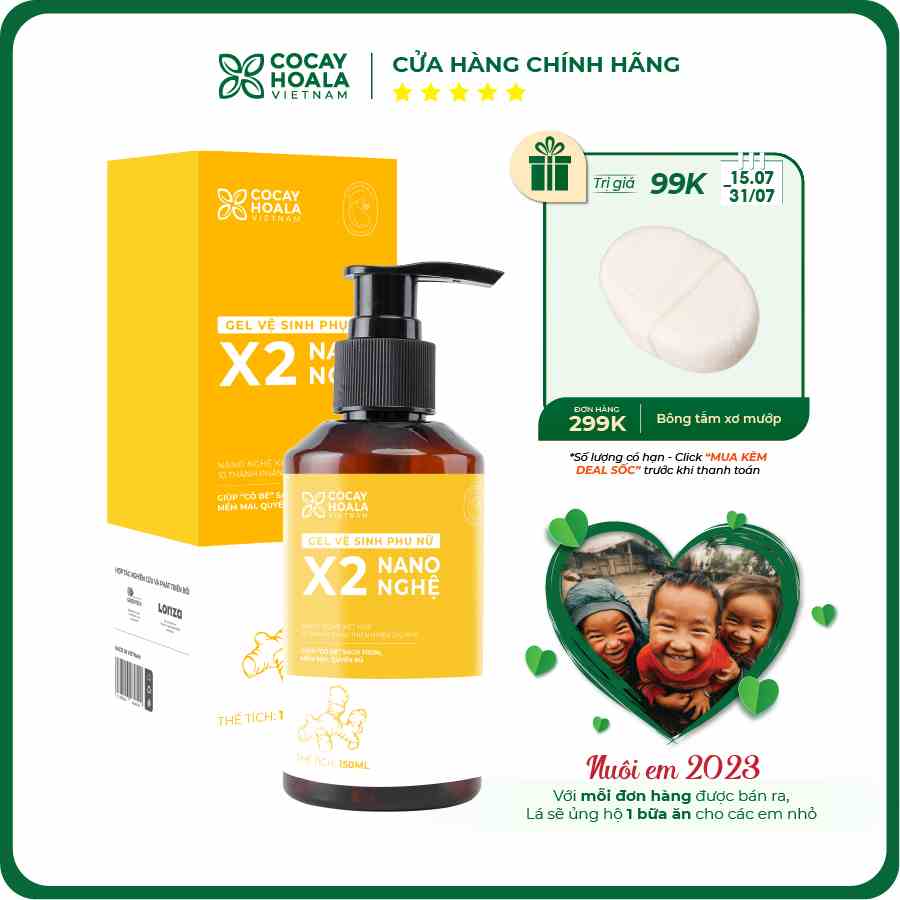 Dung dịch vệ sinh phụ nữ Gel X2 Nano Nghệ COCAYHOALA VIETNAM - Giảm Ngứa Hồng se khit - Dung tích 150 ml