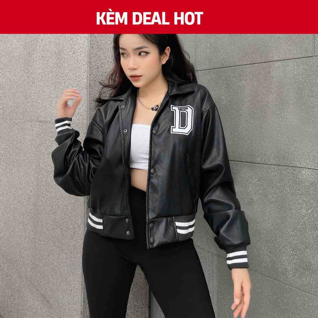 Áo khoác da nữ dáng ngắn local brand Davies Leather Cropped Varsity Jacket| D15-K33