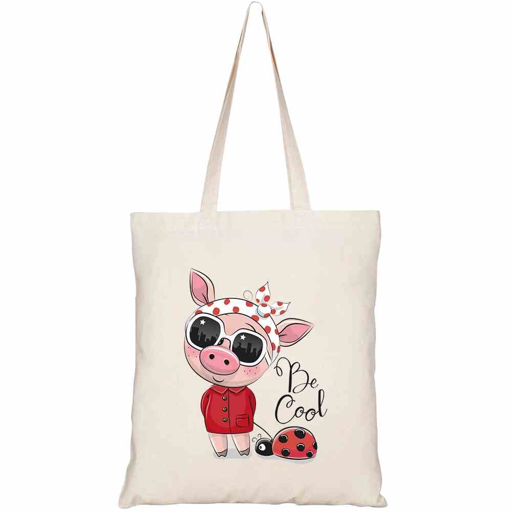 Túi tote vải canvas GINKO có dây kéo khóa ( túi con bên trong) in hình Heo con cực cool HT256 5229