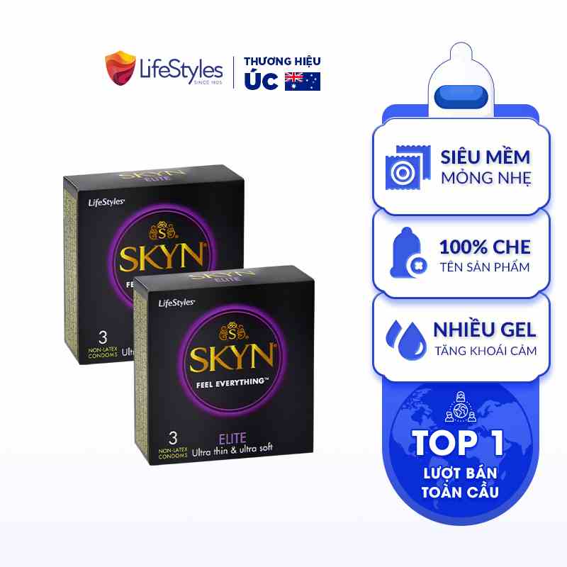 Combo 2 Bao Cao Su Non-latex Siêu Mềm Siêu Mỏng LifeStyles SKYN ELITE Không Mùi Cao Su, Không Gây Dị Ứng - Hộp 3 bao