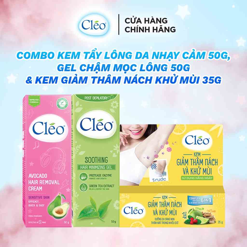 Bộ Tẩy lông nách chuyên sâu Cleo gồm kem tẩy lông nách da nhạy cảm 50g, gel dịu da 50g và kem giảm thâm nách khử mùi 35g