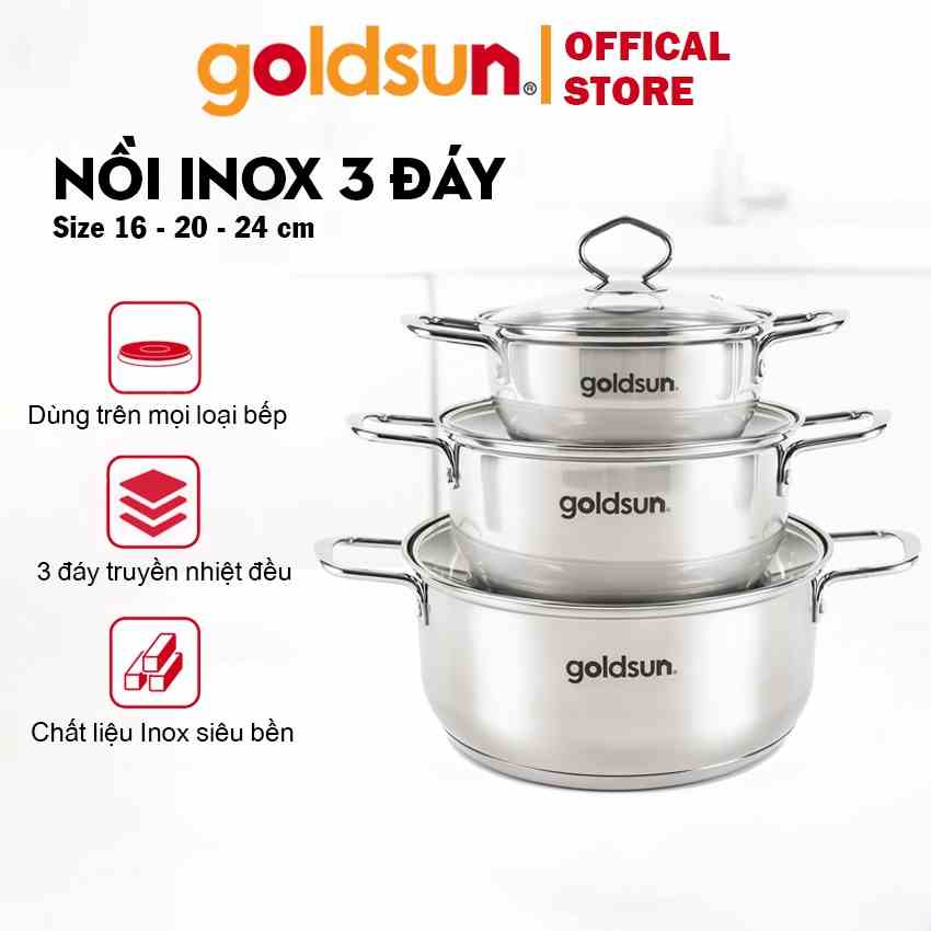 Bộ nồi inox Goldsun GPS1700 3 món đáy từ 3 lớp sử dụng trên mọi loại bếp