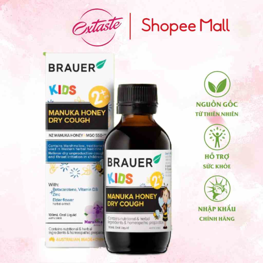 Siro ho mật ong Brauer Kids Manuka Honey Dry Cough 100ml cho trẻ từ 2 tuổi Extaste