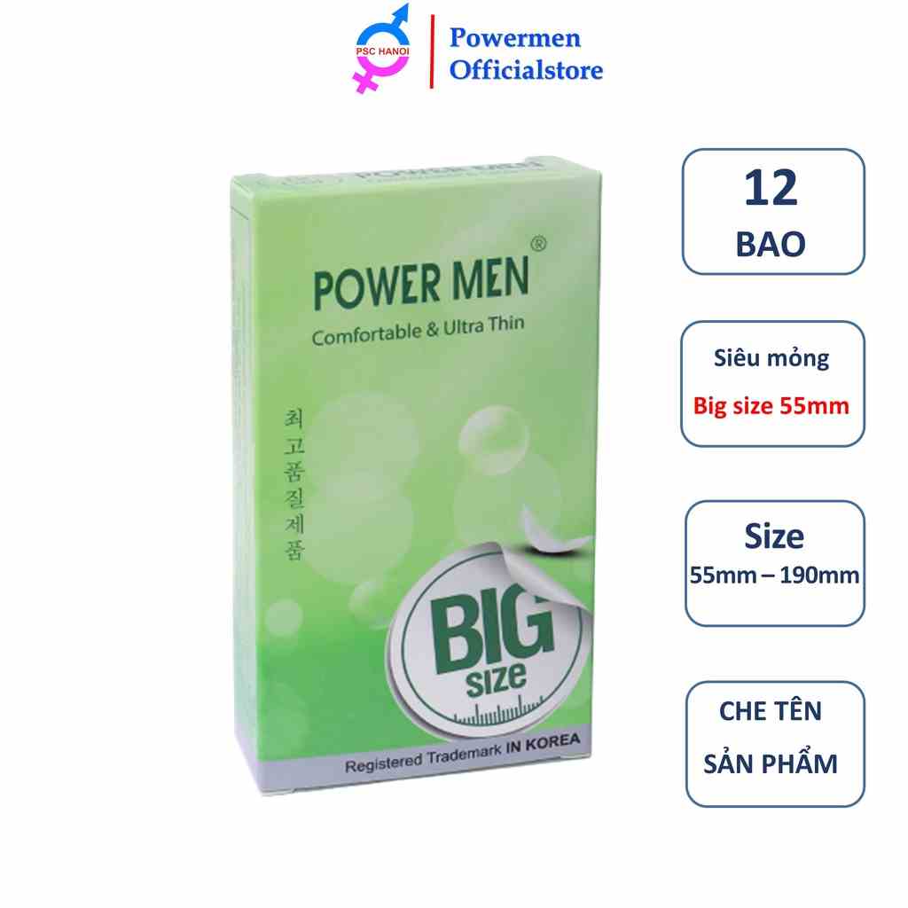 Bao cao su Power men Comfortable Ultra thin siêu mỏng trơn size lớn 55mm hộp 12 bao cao su