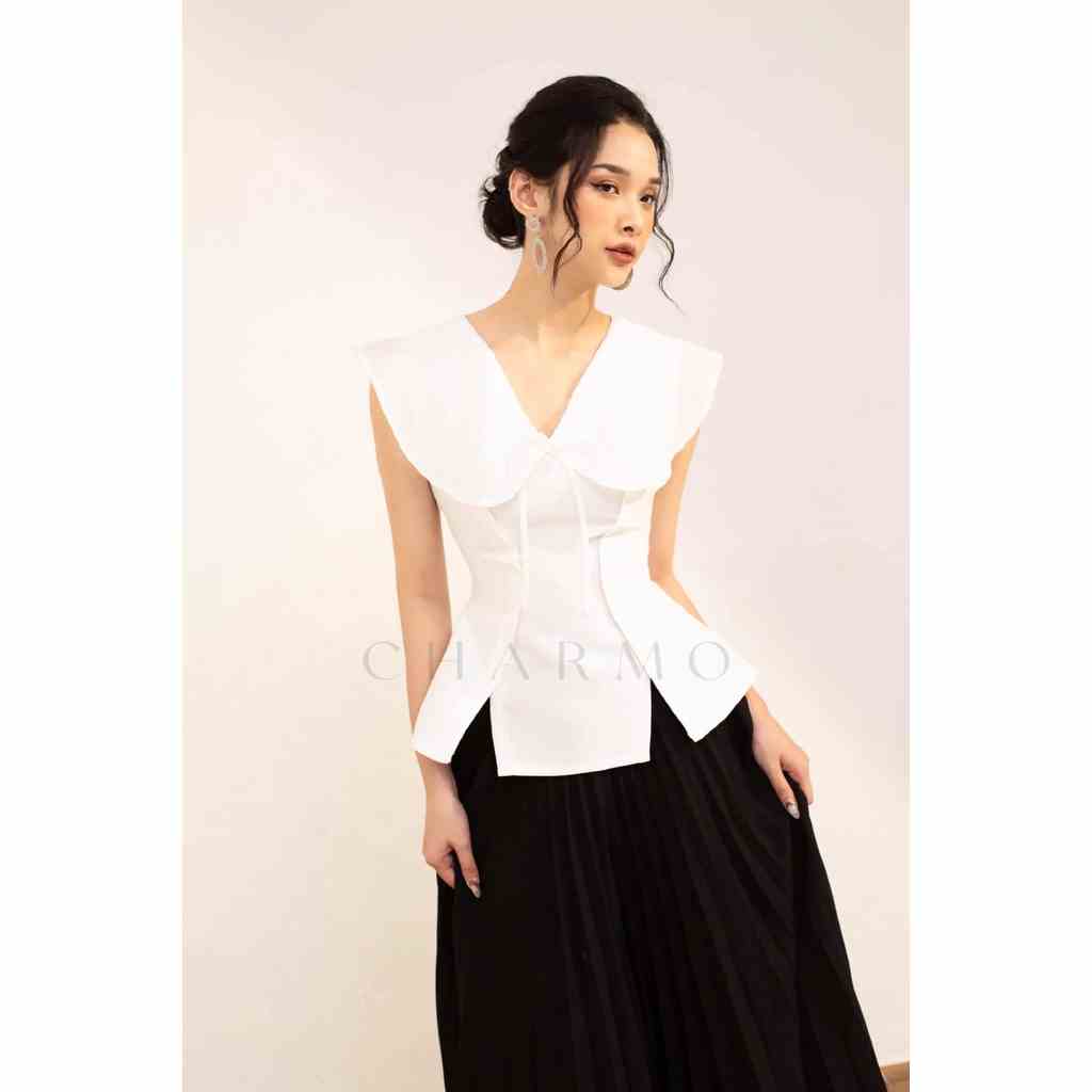 [ĐẶT LỚN HƠN 1 SIZE] Áo kiểu cổ tim CHARMO vải bố ori, dáng peplum, cổ phối cùng vol tơ ánh kim có độ phồng Mily Top