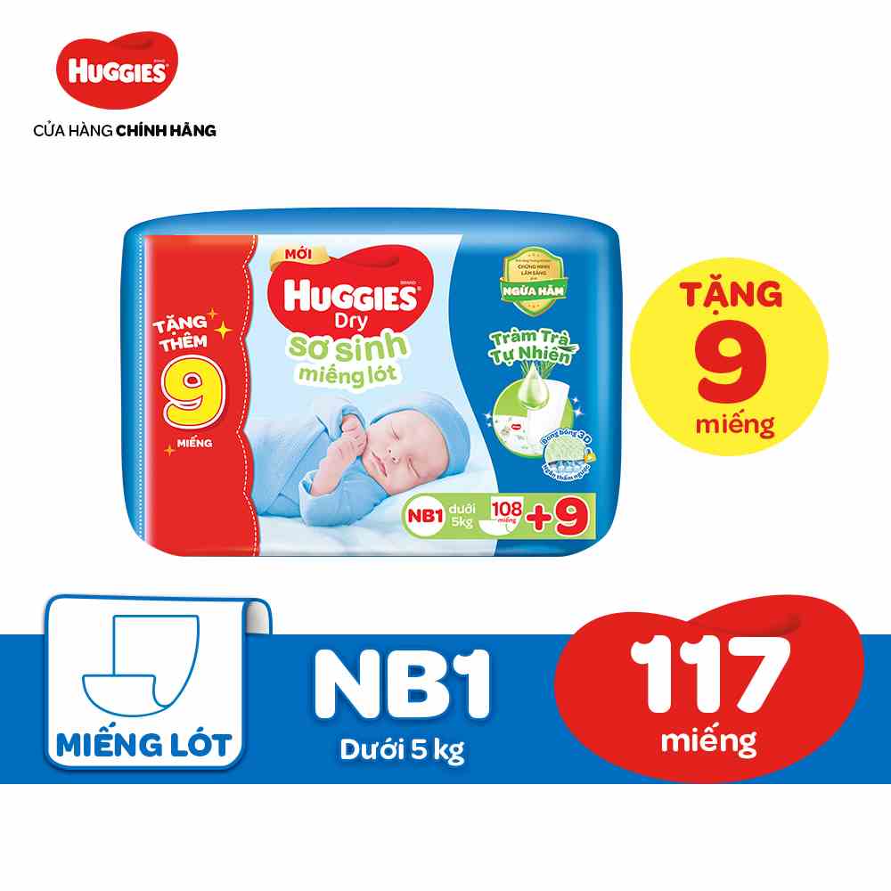 [HUGFEB15 -10% max 60k đơn 400k] Miếng lót sơ sinh NB1 Huggies Dry Tràm Trà Tự Nhiên 108 miếng + 9 miếng:Chính Hãng