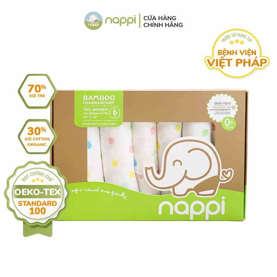 Hộp khăn sữa sợi tre họa tiết chấm bi Nappi (6 chiếc/hộp)