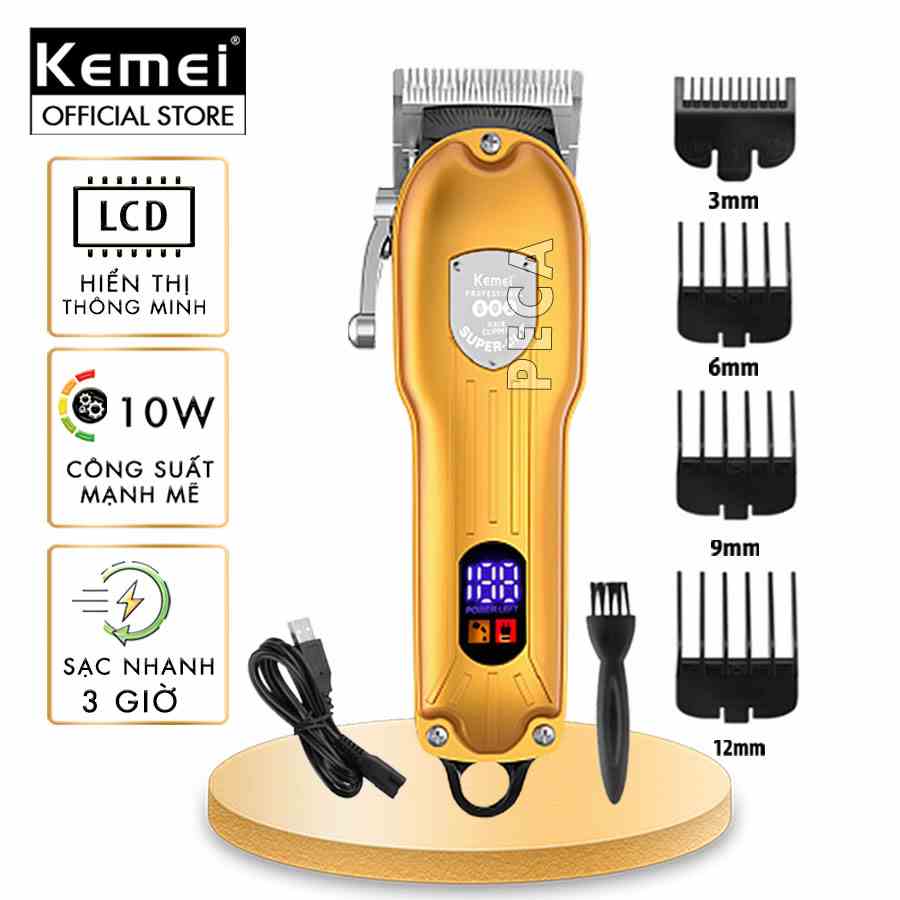 Tông đơ cắt tóc chuyên nghiệp KEMEI KM-802 công suất mạnh 10W màn hình LCD, sạc USB sạc nhanh pin lâu