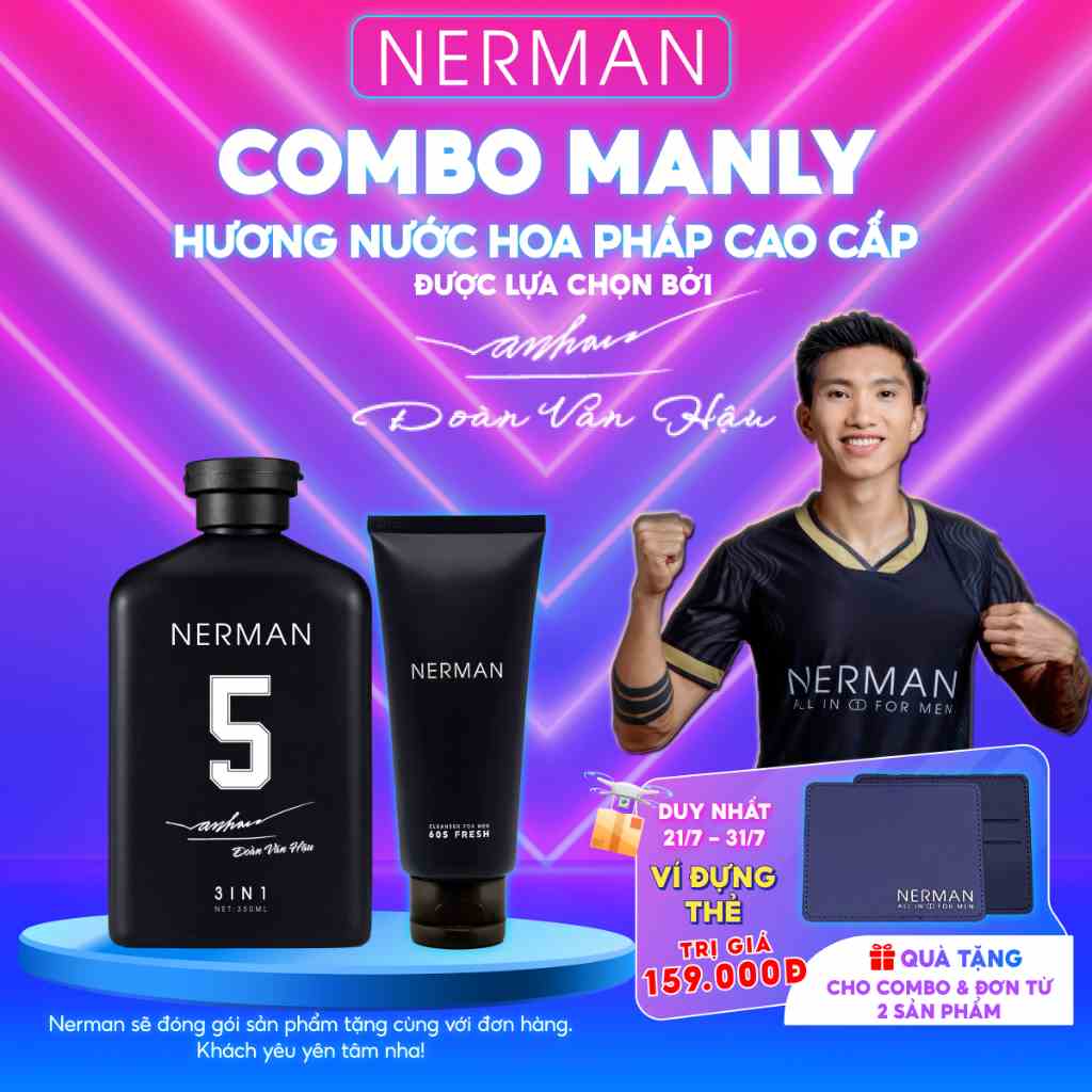 [BẢN GIỚI HẠN]Combo Manly Nerman - Sữa tắm gội hương nước hoa cao cấp 350ml & Gel rửa mặt ngừa mụn 100ml