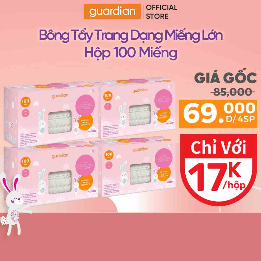 Bông Tẩy Trang Vuông Hộp Guardian 4 Hộp x 100 Miếng