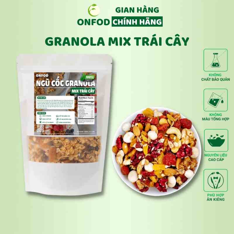 Ngũ cốc granola ONFOD siêu hạt mix hoa quả trái cây ăn kiêng giảm cân thêm macca, óc chó đỏ, dâu tây 500g